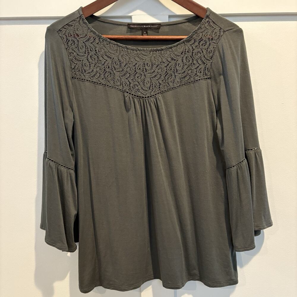 White House Black Market Top S Green Boho‎ Bell Sleeve Peasant Embroidered Lace